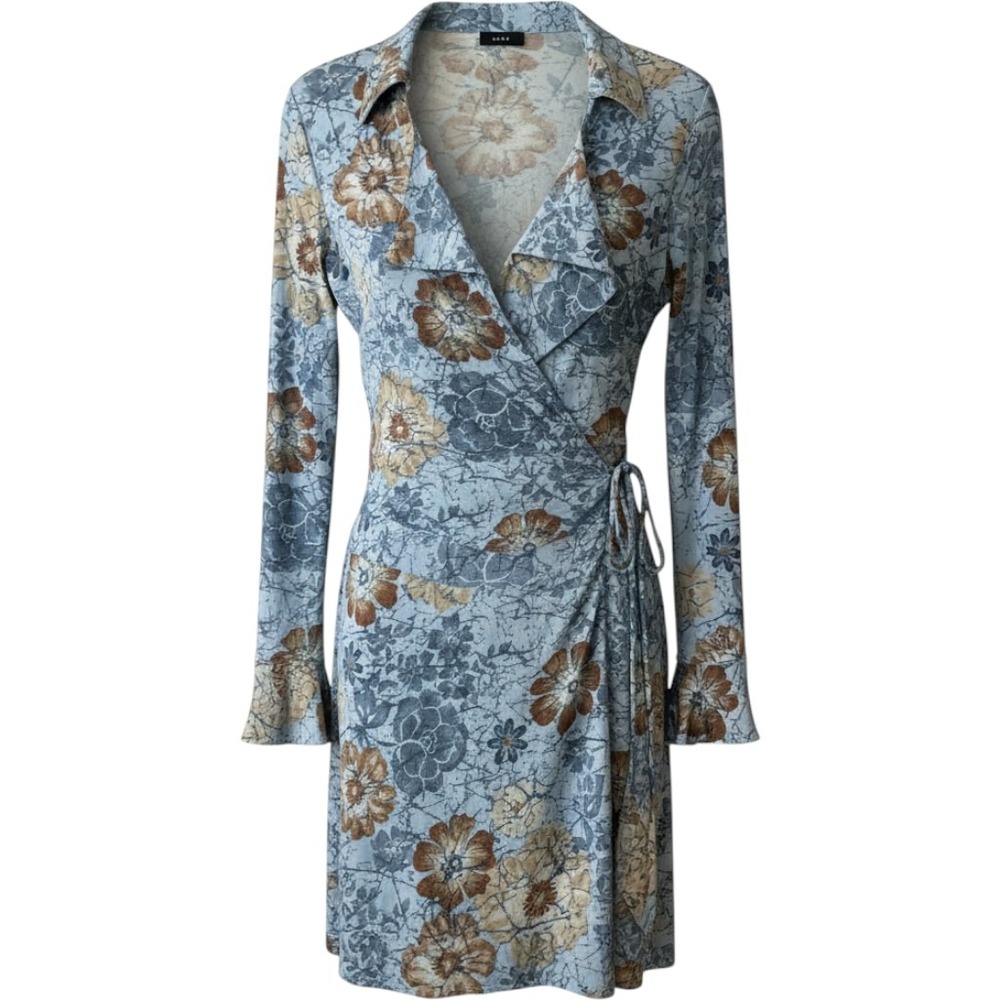 Aura Womens Blue Brown Floral Wrap Dress Long Sleeve Ruffle Cuff Collared Mini